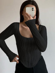 Pleated Solid Color Long Sleeves Skinny Square-Neck T-Shirts