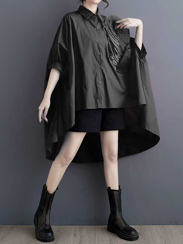 Asymmetric Buttoned Pleated Solid Color Three-Dimensional Flower Batwing Sleeves Half Sleeves Lapel Blouses&Shirts Tops