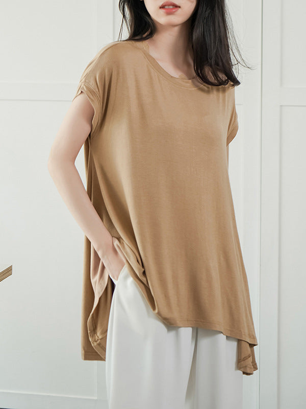 Asymmetric Solid Color High-Low Loose Round-Neck T-Shirts Tops