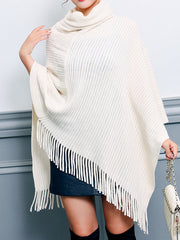 Asymmetric Keep Warm Solid Color Tasseled Loose High Neck Shawl&Cloak Cape