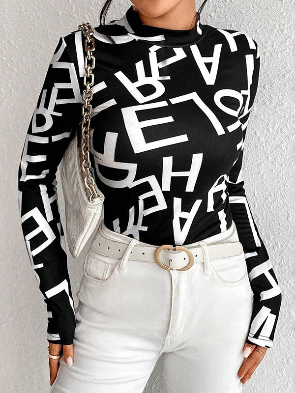 Letter Print Split-Joint Long Sleeves Skinny Mock Neck T-Shirts Tops