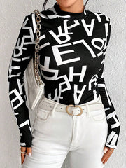 Letter Print Split-Joint Long Sleeves Skinny Mock Neck T-Shirts Tops