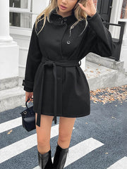 Buttoned Solid Color Split-Joint Tied Waist Long Sleeves Loose Stand Collar Outerwear Coats