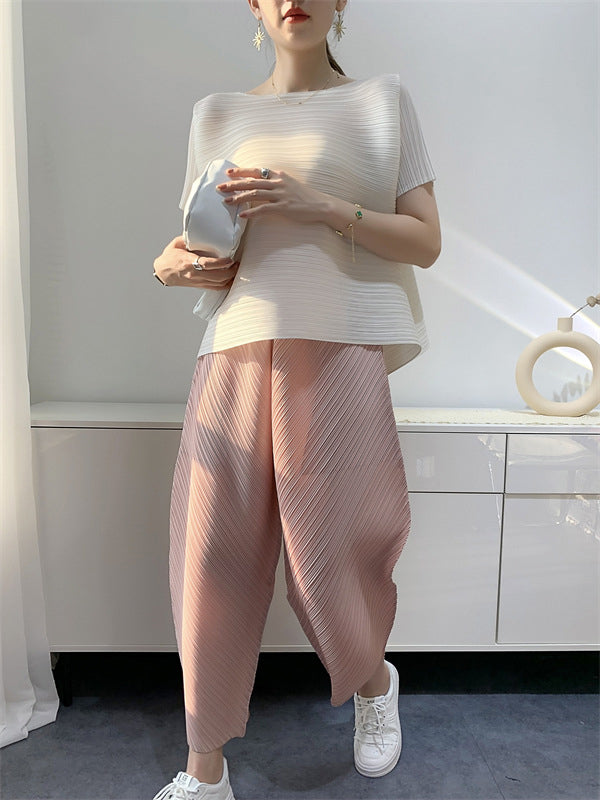 Elasticity Pleated Solid Color Split-Joint Harem Pants High Waisted Trousers Pants Ninth Pants