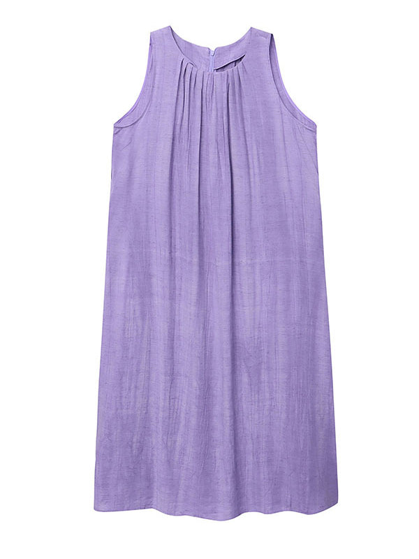 Pleated Solid Color A-Line Loose Round-Neck Midi Dresses