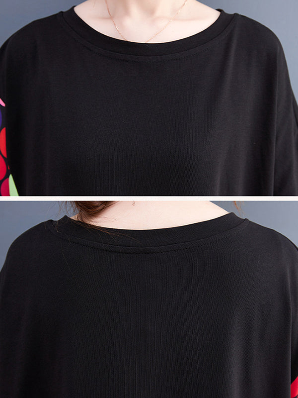 Multi-Colored Polka-Dot Split-Joint Loose Short Sleeves Round-Neck Midi Dresses