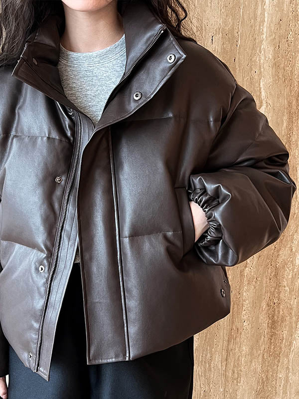 Split-Joint Zipper Loose Puff Sleeves Stand Collar Down Coat