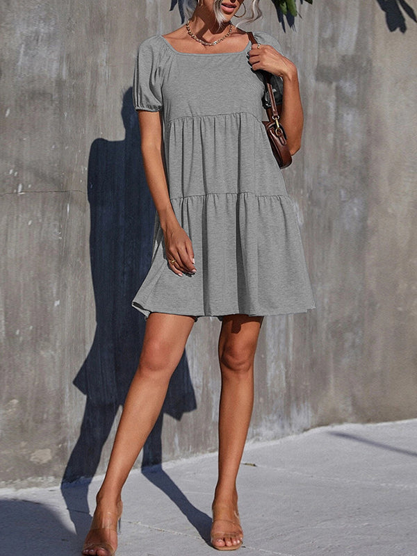 Elasticity Pleated Solid Color Split-Joint A-Line Loose Square-Neck Mini Dresses