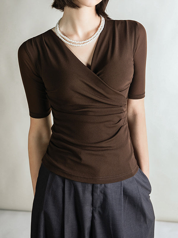 Pleated Solid Color Half Sleeves Skinny V-Neck T-Shirts Tops