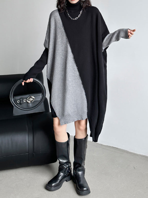 Asymmetric Contrast Color Split-Joint Batwing Sleeves Long Sleeves High Neck Sweater Dresses Midi Dresses