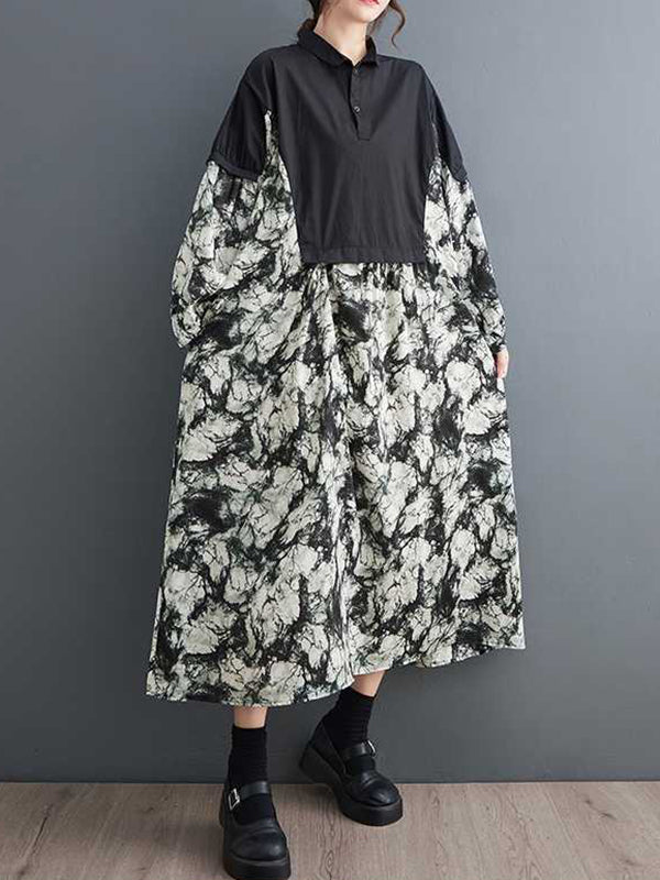 Buttoned Printed Split-Joint Long Sleeves Loose Lapel Midi Dresses
