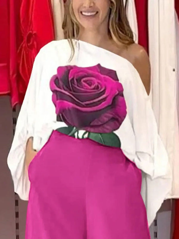 Asymmetric Elasticity Flower Print Long Sleeves Loose One-Shoulder Blouses&Shirts Tops
