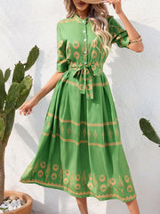 Buttoned Tied Waist A-Line Half Sleeves Lapel Midi Dresses