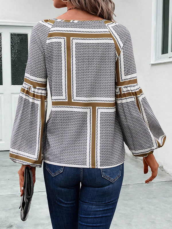 Elasticity Print Tied Long Sleeves Loose V-Neck Blouses&Shirts Tops
