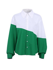 Buttoned Contrast Color Long Sleeves Loose Lapel Blouses&Shirts Tops