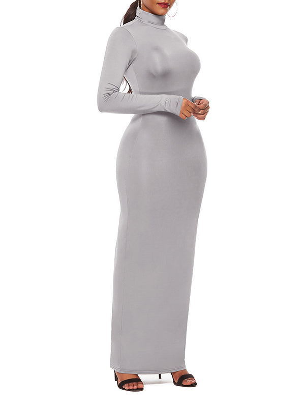 Solid Color Bodycon Long Sleeves High Neck Maxi Dresses