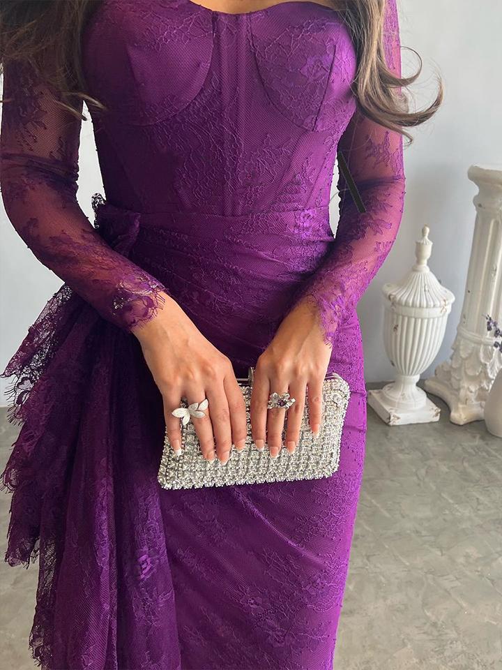 Mesh See-Through Split-side Long Sleeves Mermaid Square-neck Maxi Dresses Evening Dresses