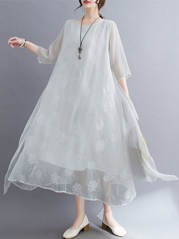 Gauze Split-Joint Loose Three-Quarter Sleeves Round-Neck Midi Dresses