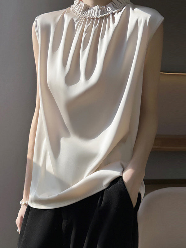 Pleated Ruffle Trim Solid Color Loose Sleeveless Stand Collar Vest Top