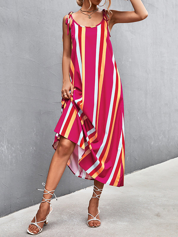 Contrast Color Striped Tied Loose Sleeveless U-Neck Slip Dress Midi Dresses