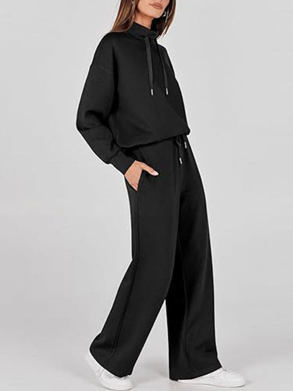 Drawstring Split-Joint High Waisted Long Sleeves Sweatshirt + Pants/Trousers Two Pieces Set