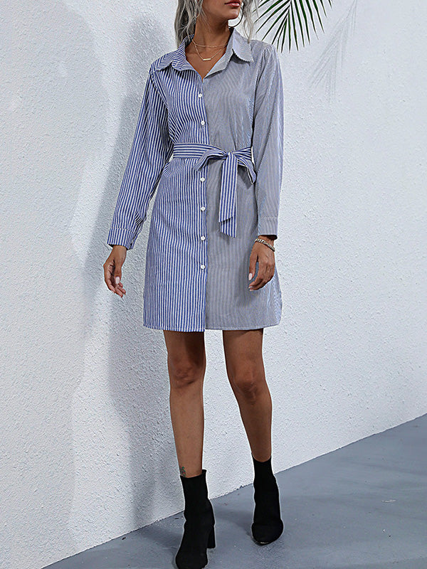 Buttoned Split-Joint Split-Side Striped Tied Waist Long Sleeves Loose Lapel Shirt Dress Mini Dresses
