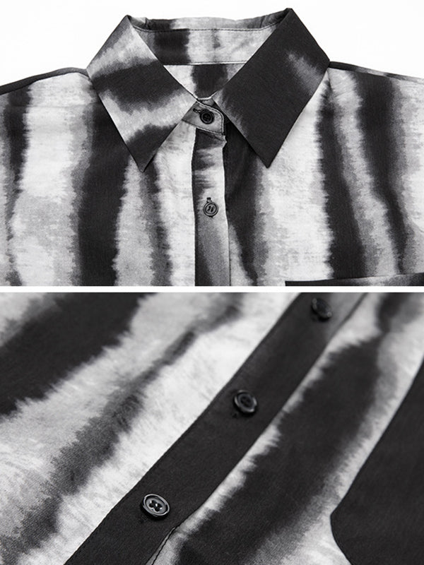 Split-back Tie-dyed Irregular clipping Long Sleeves Lapel Shirts Tops