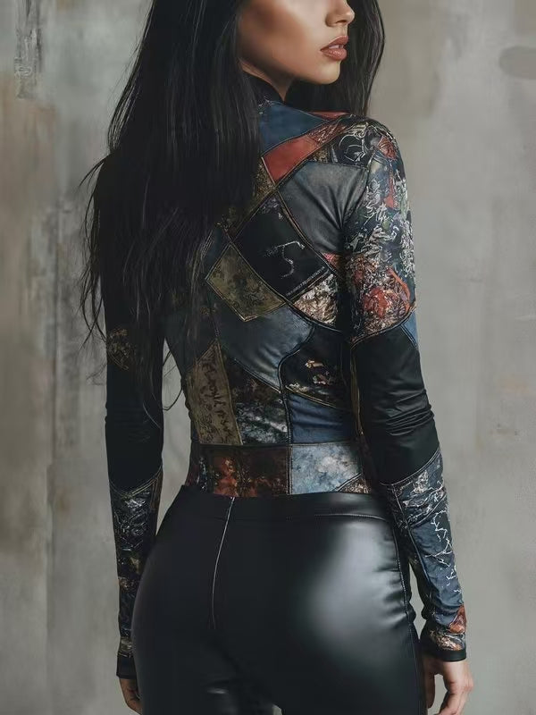 Contrast Color Printed Split-Joint Irregularity Long Sleeves Half Turtleneck Blouses&Shirts Tops