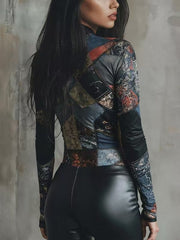 Contrast Color Printed Split-Joint Irregularity Long Sleeves Half Turtleneck Blouses&Shirts Tops