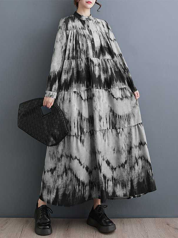 Pleated Printed Split-Joint A-Line Long Sleeves Stand Collar Midi Dresses
