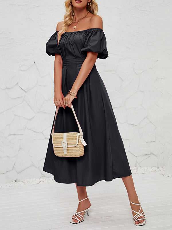 Elasticity Pleated Solid Color Split-Joint Loose Puff Sleeves Off-The-Shoulder Midi Dresses