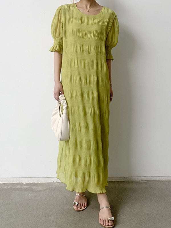Pleated Solid Color Flared Sleeves Half Sleeves Round-Neck Midi Dresses