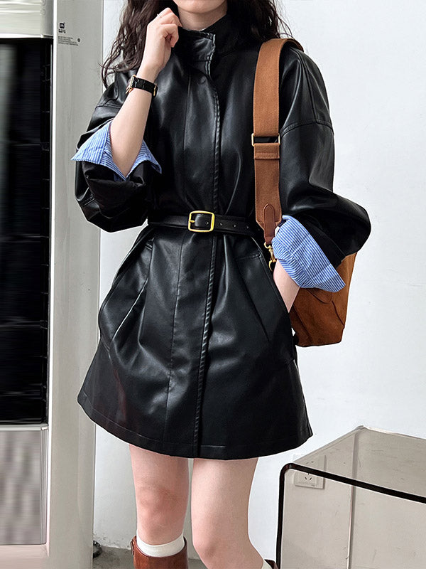 Buttoned Pockets Solid Color Long Sleeves Loose Stand Collar Outerwear