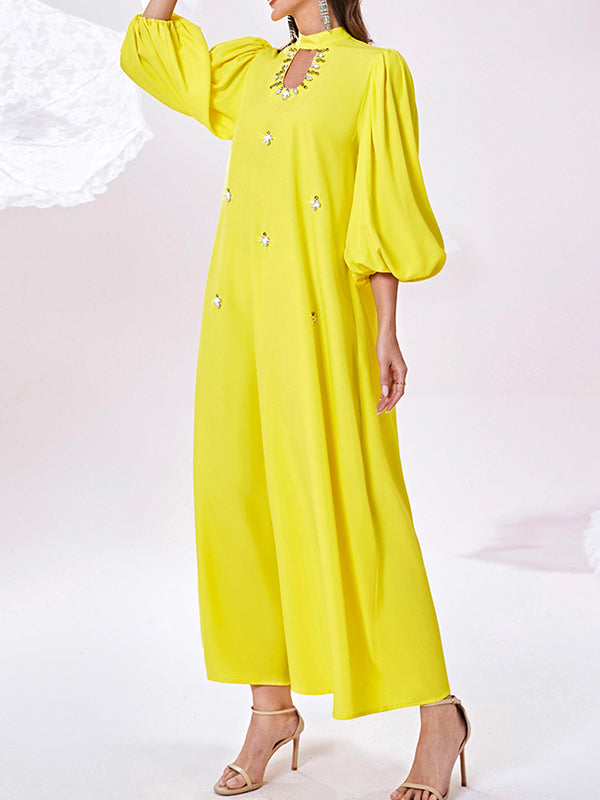 Hollow Rhine Stones Solid Color Bishop Sleeve Loose Mock Neck Maxi Dresses