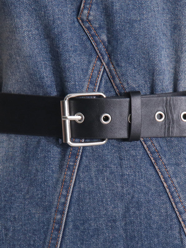 Asymmetric Split-joint Fringed Boat Neck Vest Top+ High Waisted Belted Jeans Bottom Two Pieces Set