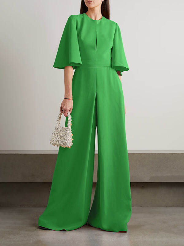 Loose Short Sleeves Solid Color Round-Neck Jumpsuits