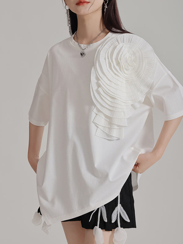 Asymmetric Solid Color Three-Dimensional Flower Loose Short Sleeves Round-Neck T-Shirts Tops