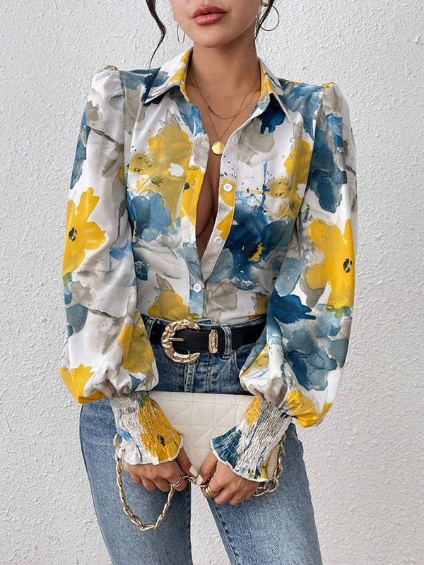 Buttoned Elasticity Flower Print Pleated Long Sleeves Loose Lapel Blouses&Shirts Tops