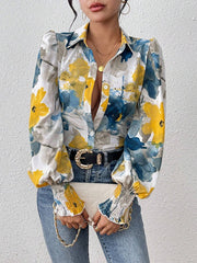 Buttoned Elasticity Flower Print Pleated Long Sleeves Loose Lapel Blouses&Shirts Tops