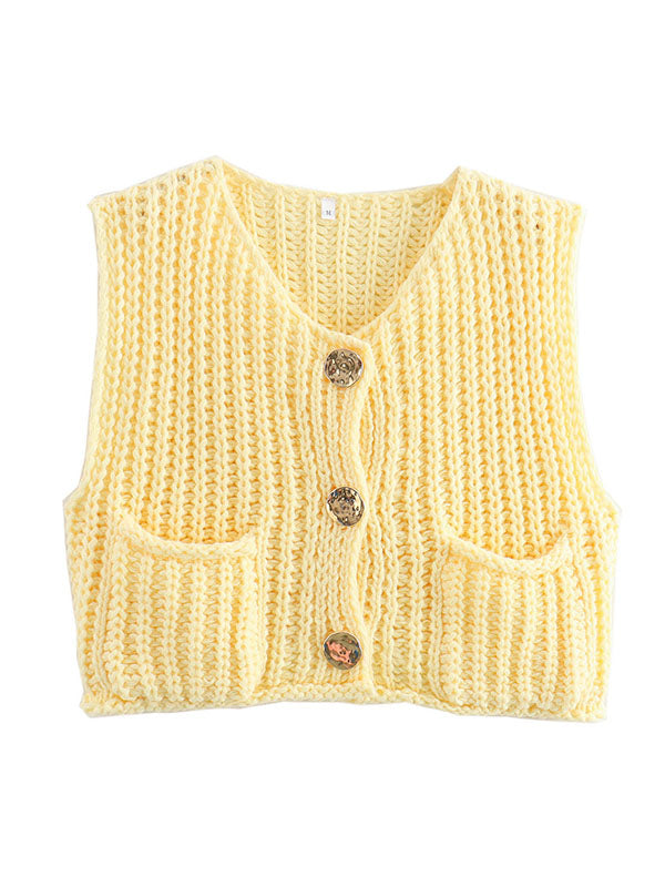 Buttoned Pockets Loose Sleeveless V-Neck Vest Outerwear