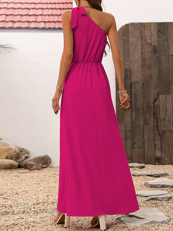 Asymmetric Elasticity Pleated Solid Color Split-side Tied A-line High Waisted One-shoulder Maxi Dresses
