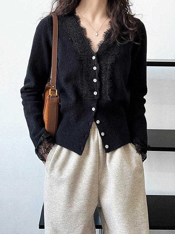 Buttoned Split-Joint Long Sleeves V-Neck Cardigan Tops