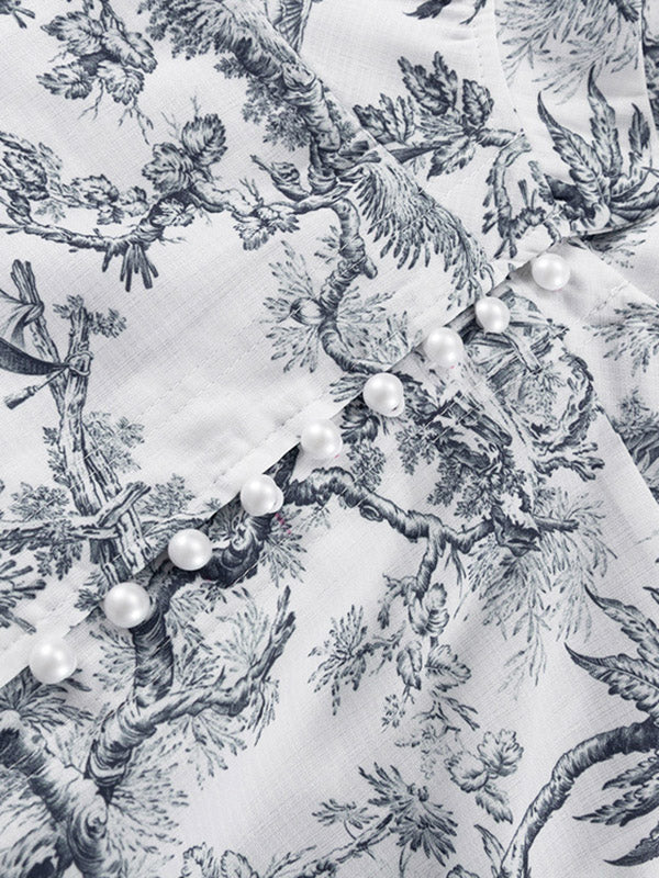 Pleated Printed Split-Joint Tied Waist Loose Puff Sleeves Stand Collar Mini Dresses