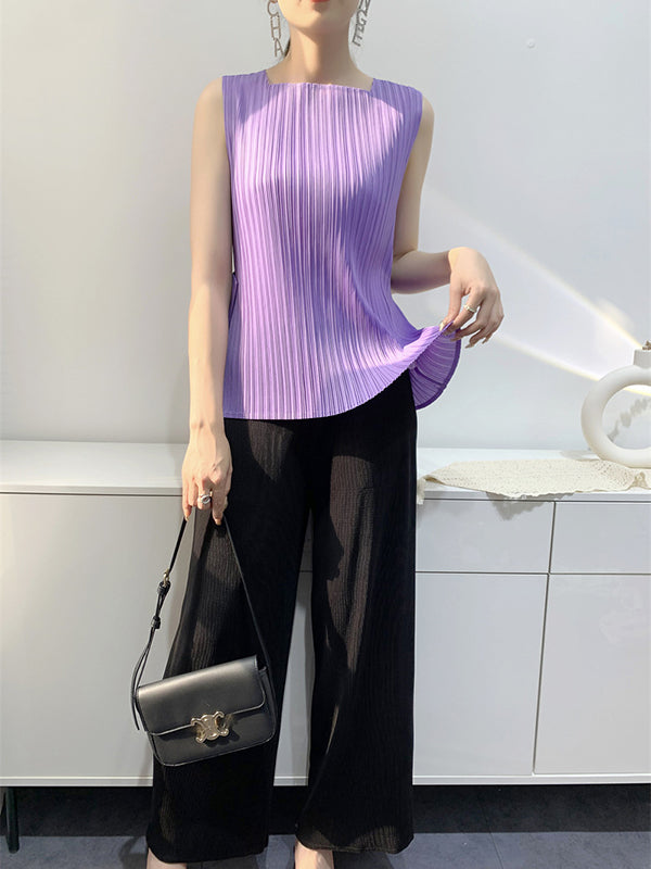 Pleated Solid Color Split-Joint Loose Sleeveless Square-Neck Vest Top