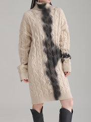 Contrast Color Long Sleeves Loose High Neck Sweater Dresses Mini Dresses