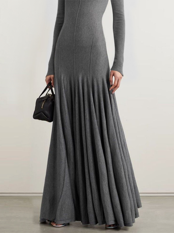 Solid Color Long Sleeves Skinny High Neck Maxi Dresses