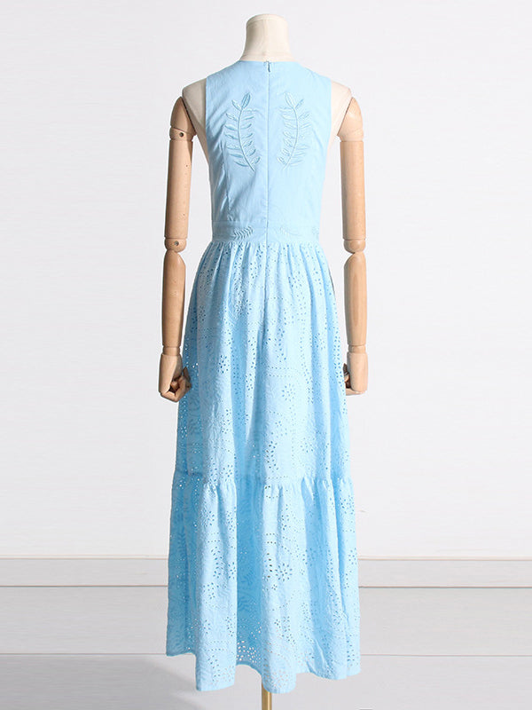 Buttoned Crochet Embroidered Hollow Solid Color Zipper High Waisted Sleeveless Deep V-Neck Maxi Dresses