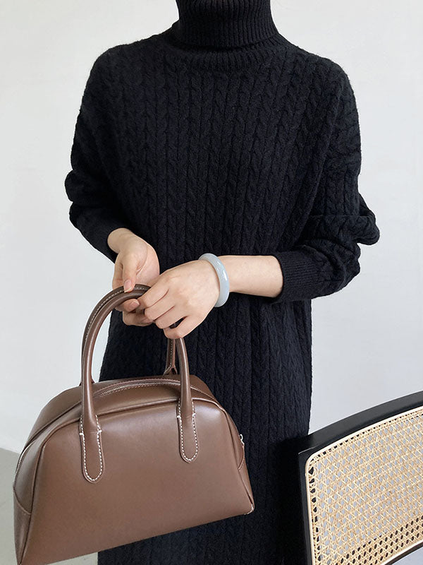 Stylish Loose Long Sleeves Solid Color High-Neck Twist Sweater Dresses