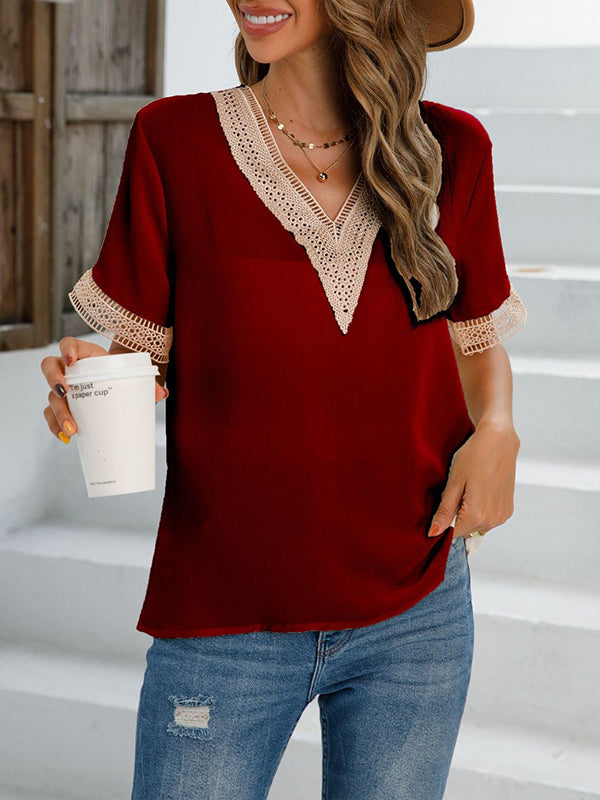 Hollow Split-Joint Loose Short Sleeves V-Neck T-Shirts