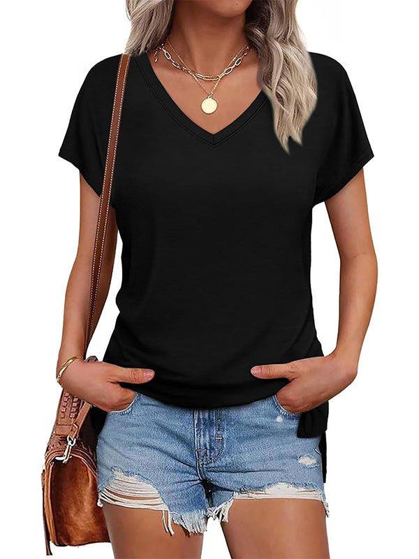Solid Color Split-Joint Split-Side High-Low Raglan Sleeve V-Neck T-Shirts